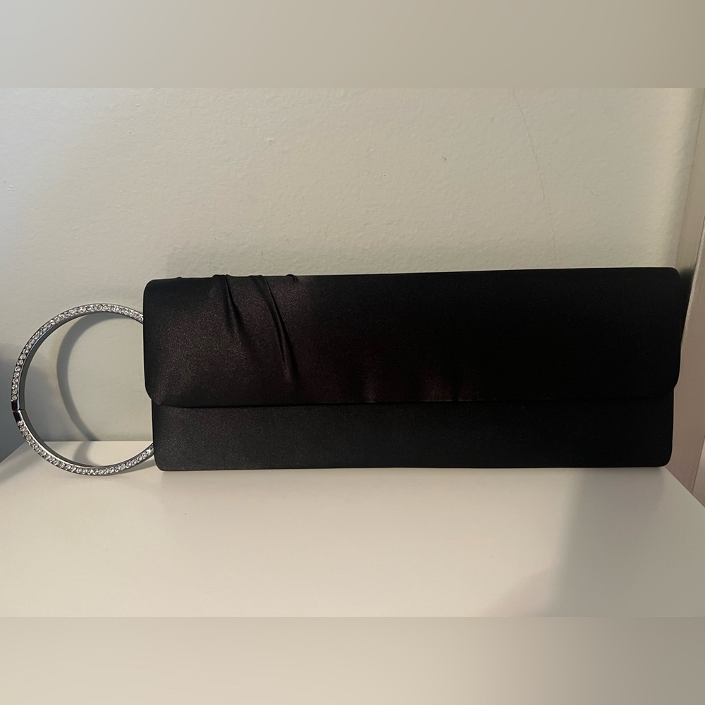 Aldo Black Satin Clutch with Crystal Bracelet Handle